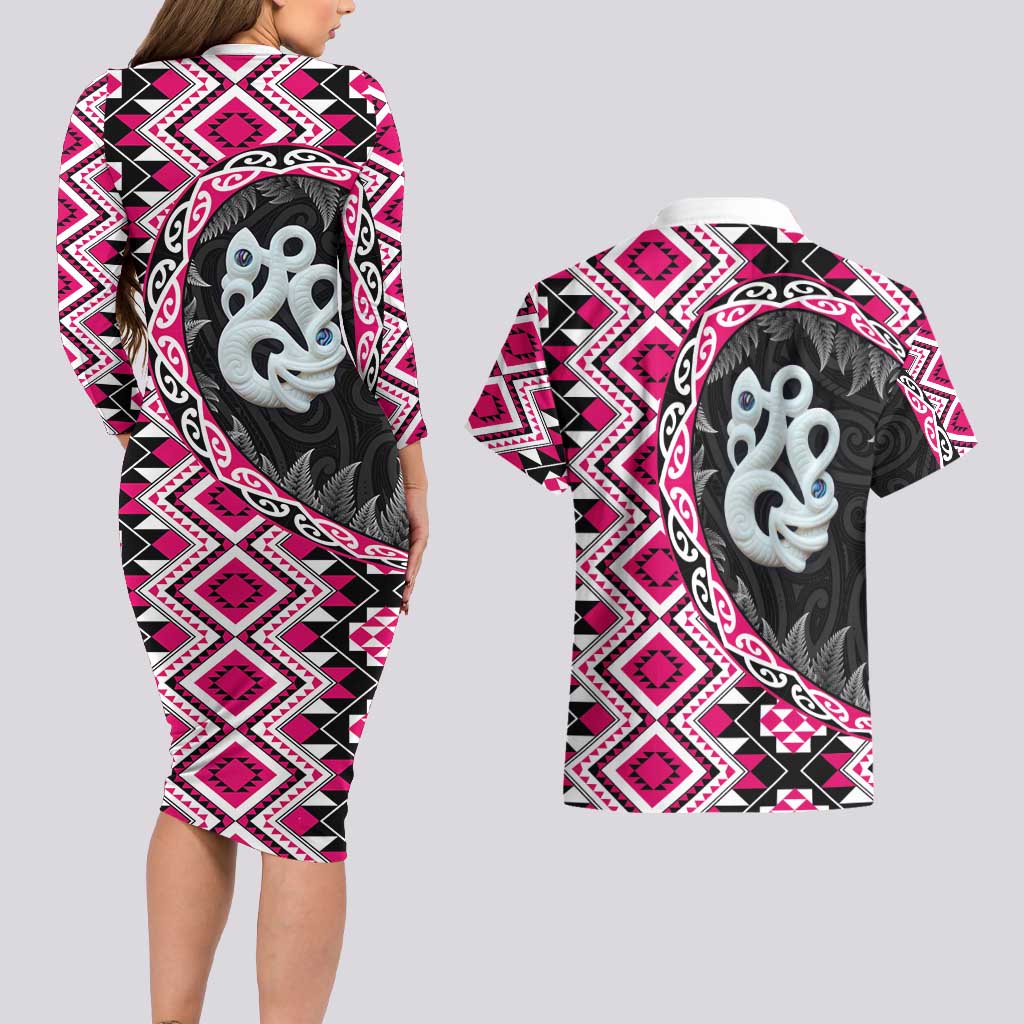 Pink Taniko Motif Aotearoa Manaia and Silver Fern Couples Matching Long Sleeve Bodycon Dress and Hawaiian Shirt LT03 - Polynesian Pride