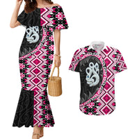 Pink Taniko Motif Aotearoa Manaia and Silver Fern Couples Matching Mermaid Dress and Hawaiian Shirt LT03 Pink - Polynesian Pride