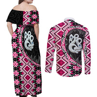 Pink Taniko Motif Aotearoa Manaia and Silver Fern Couples Matching Off Shoulder Maxi Dress and Long Sleeve Button Shirt