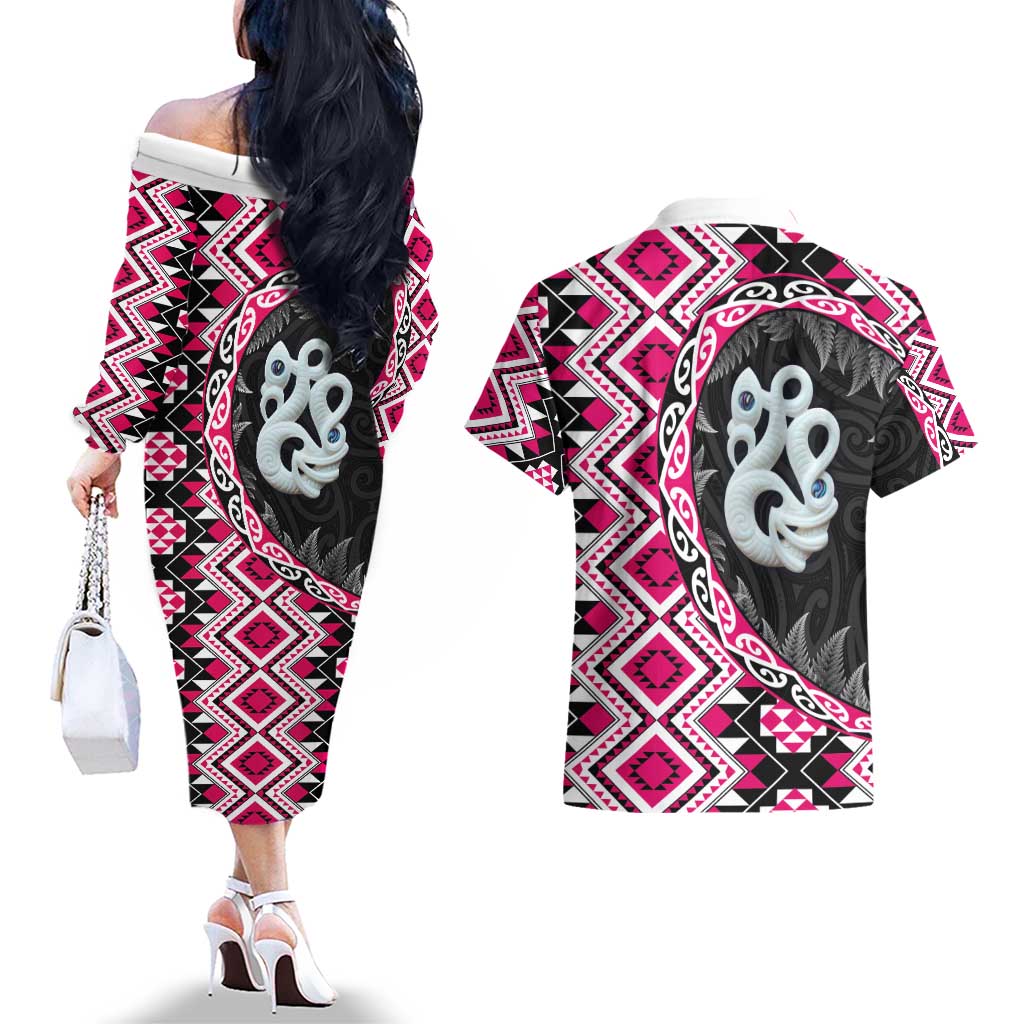 Pink Taniko Motif Aotearoa Manaia and Silver Fern Couples Matching Off The Shoulder Long Sleeve Dress and Hawaiian Shirt LT03 - Polynesian Pride