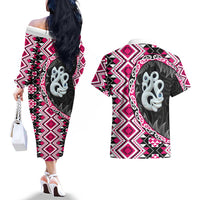 Pink Taniko Motif Aotearoa Manaia and Silver Fern Couples Matching Off The Shoulder Long Sleeve Dress and Hawaiian Shirt LT03 - Polynesian Pride