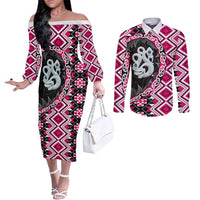 Pink Taniko Motif Aotearoa Manaia and Silver Fern Couples Matching Off The Shoulder Long Sleeve Dress and Long Sleeve Button Shirt LT03 Pink - Polynesian Pride