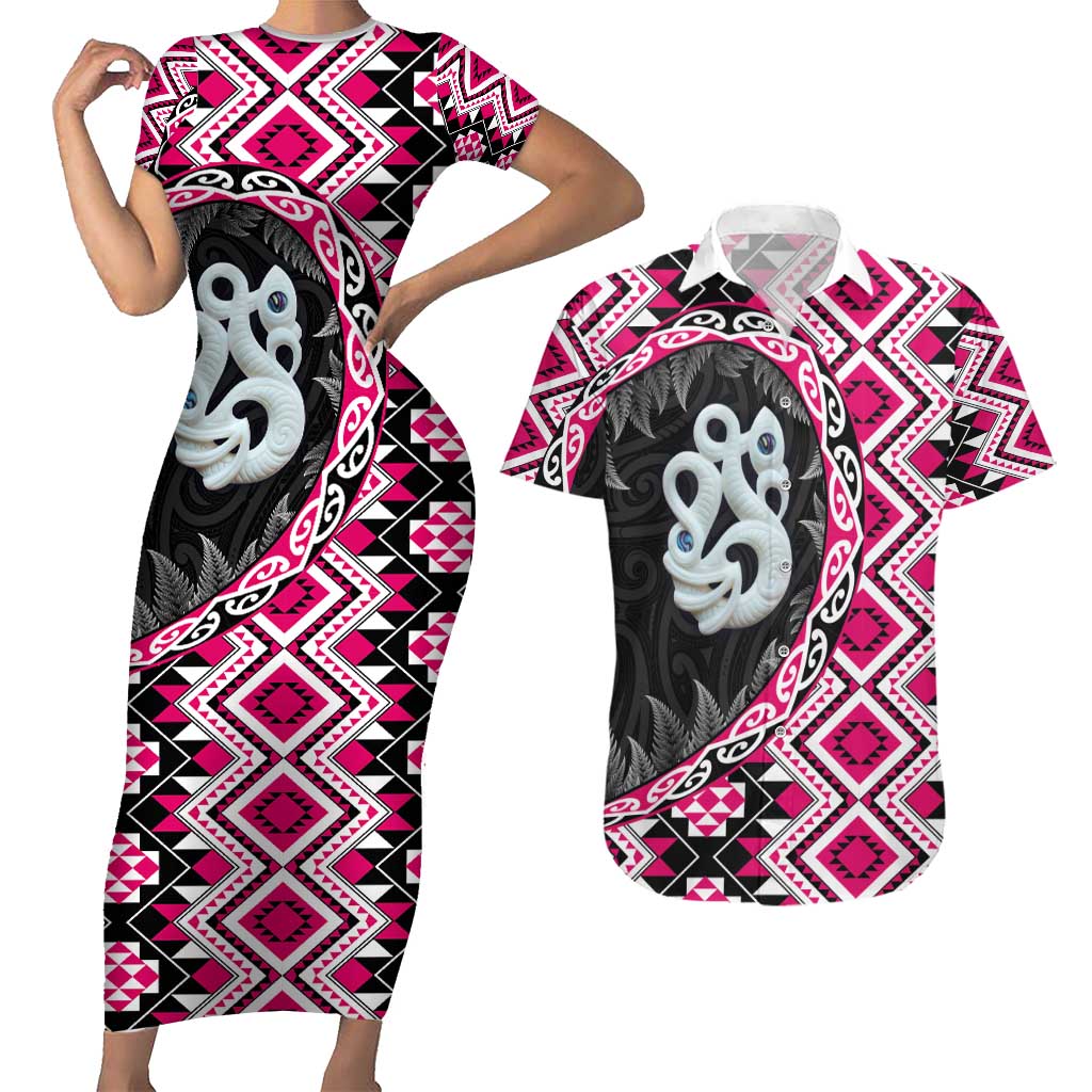 Pink Taniko Motif Aotearoa Manaia and Silver Fern Couples Matching Short Sleeve Bodycon Dress and Hawaiian Shirt LT03 Pink - Polynesian Pride