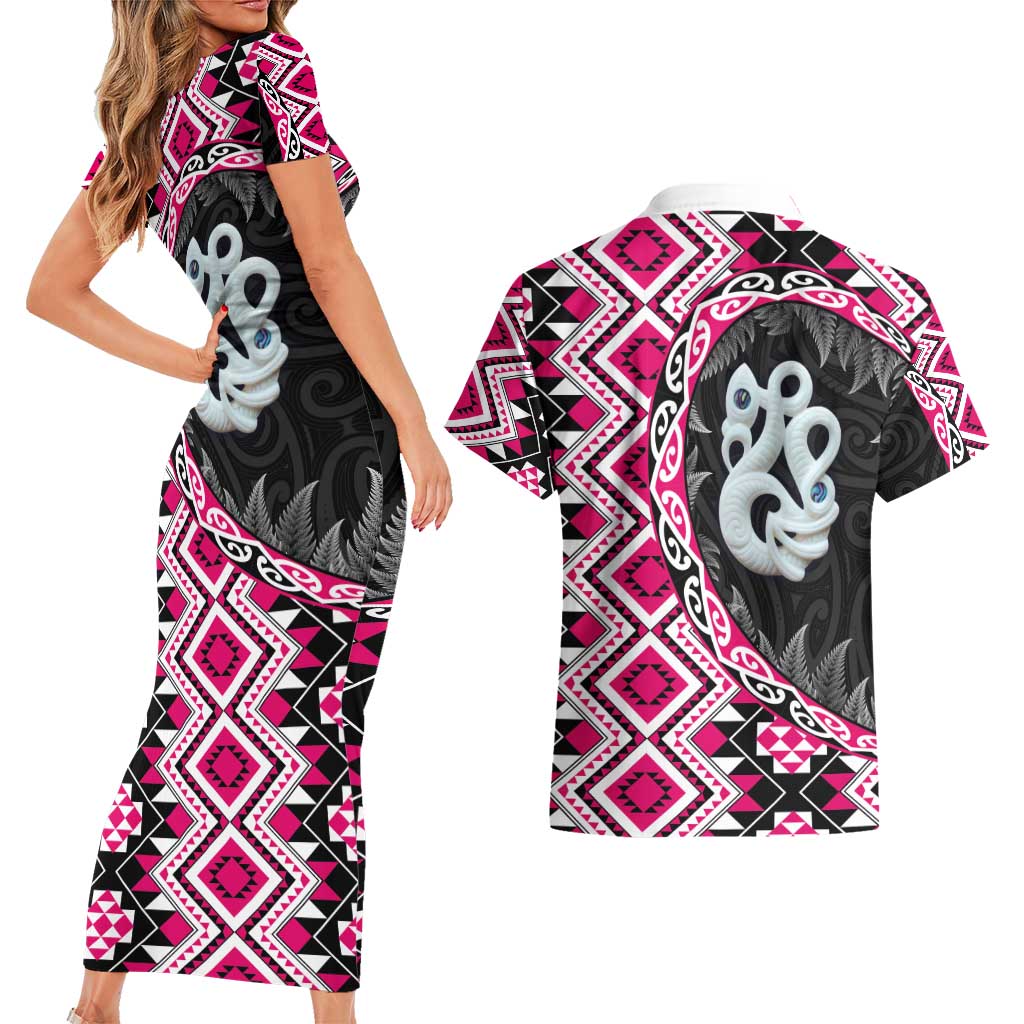 Pink Taniko Motif Aotearoa Manaia and Silver Fern Couples Matching Short Sleeve Bodycon Dress and Hawaiian Shirt LT03 - Polynesian Pride