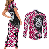 Pink Taniko Motif Aotearoa Manaia and Silver Fern Couples Matching Short Sleeve Bodycon Dress and Long Sleeve Button Shirt