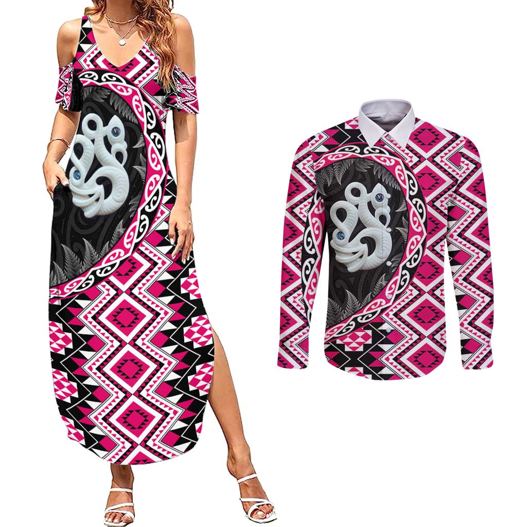 Pink Taniko Motif Aotearoa Manaia and Silver Fern Couples Matching Summer Maxi Dress and Long Sleeve Button Shirt