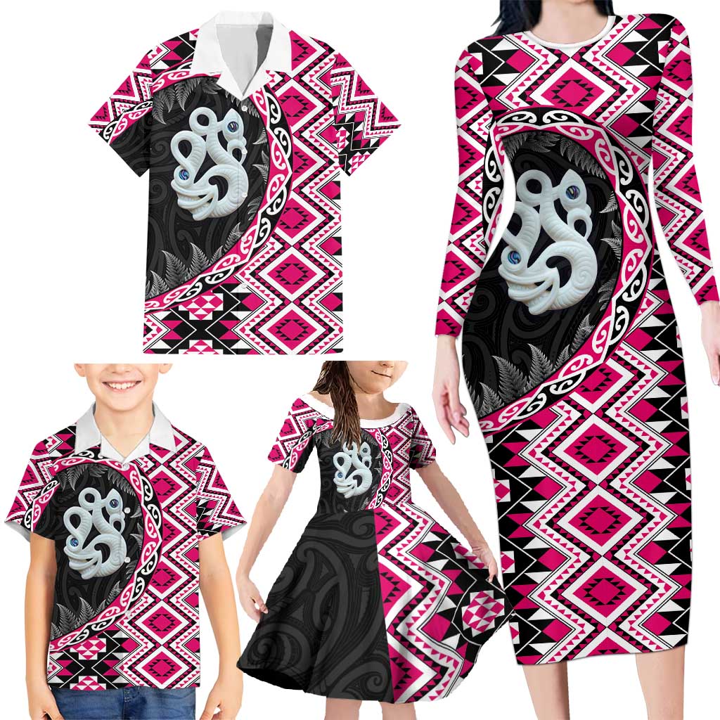 Pink Taniko Motif Aotearoa Manaia and Silver Fern Family Matching Long Sleeve Bodycon Dress and Hawaiian Shirt LT03 - Polynesian Pride