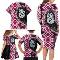 Pink Taniko Motif Aotearoa Manaia and Silver Fern Family Matching Long Sleeve Bodycon Dress and Hawaiian Shirt LT03 - Polynesian Pride