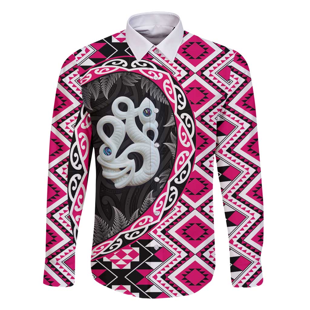 Pink Taniko Motif Aotearoa Manaia and Silver Fern Family Matching Long Sleeve Bodycon Dress and Hawaiian Shirt LT03 Dad's Shirt - Long Sleeve Pink - Polynesian Pride
