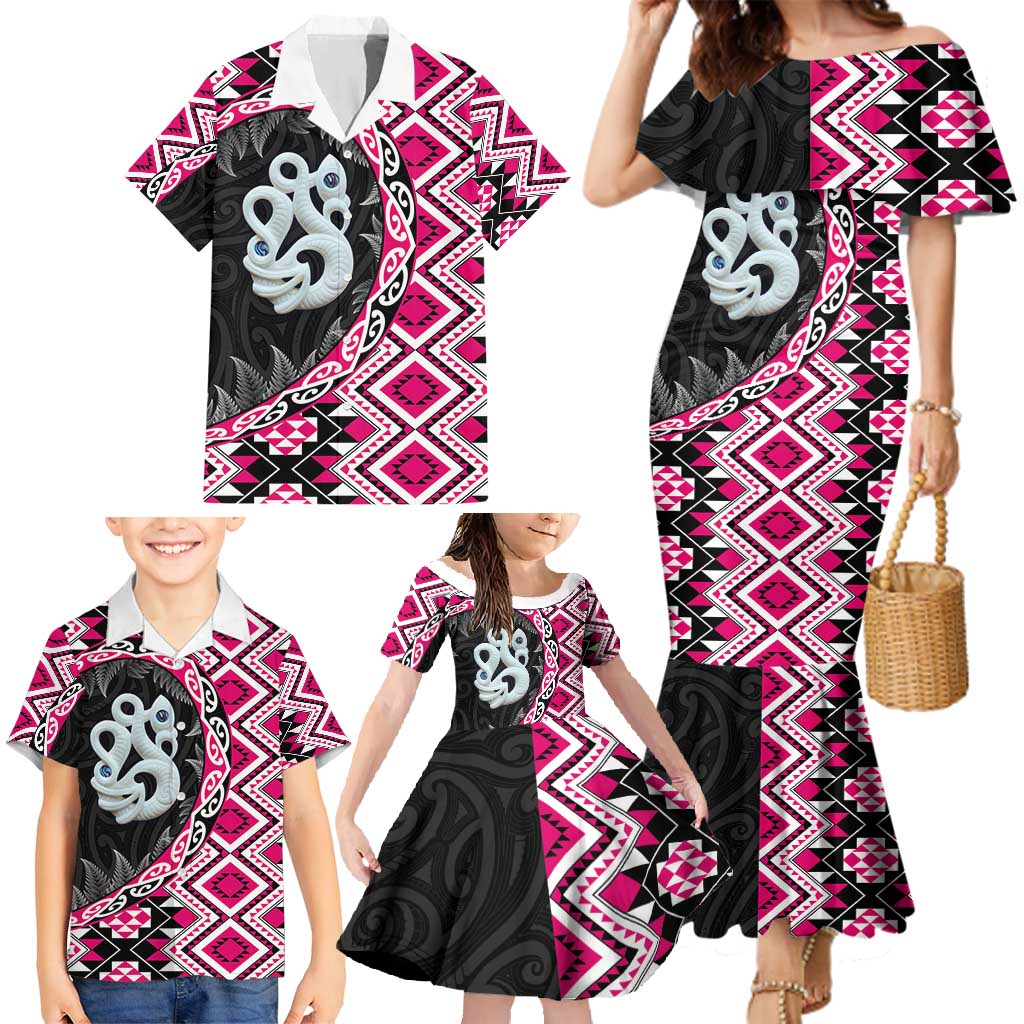 Pink Taniko Motif Aotearoa Manaia and Silver Fern Family Matching Mermaid Dress and Hawaiian Shirt LT03 - Polynesian Pride