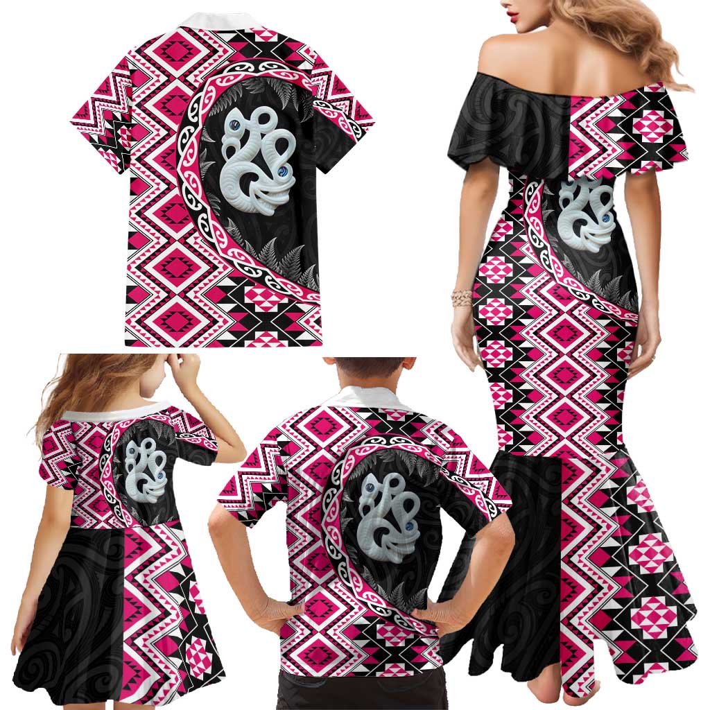 Pink Taniko Motif Aotearoa Manaia and Silver Fern Family Matching Mermaid Dress and Hawaiian Shirt LT03 - Polynesian Pride