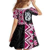 Pink Taniko Motif Aotearoa Manaia and Silver Fern Family Matching Off The Shoulder Long Sleeve Dress and Hawaiian Shirt LT03 - Polynesian Pride