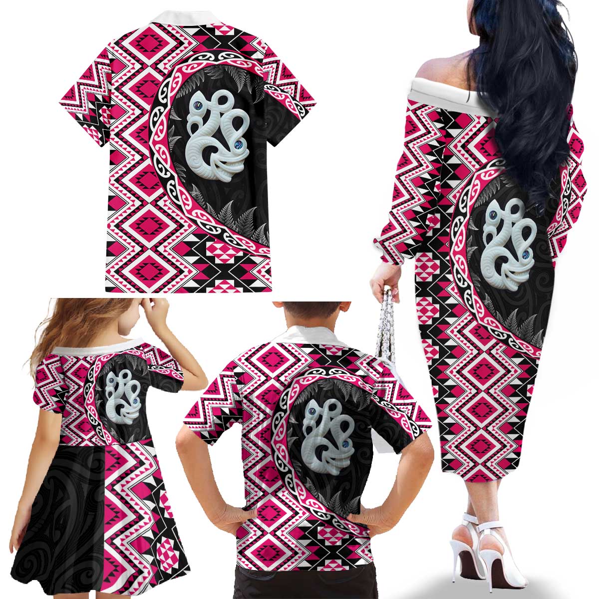 Pink Taniko Motif Aotearoa Manaia and Silver Fern Family Matching Off The Shoulder Long Sleeve Dress and Hawaiian Shirt LT03 - Polynesian Pride
