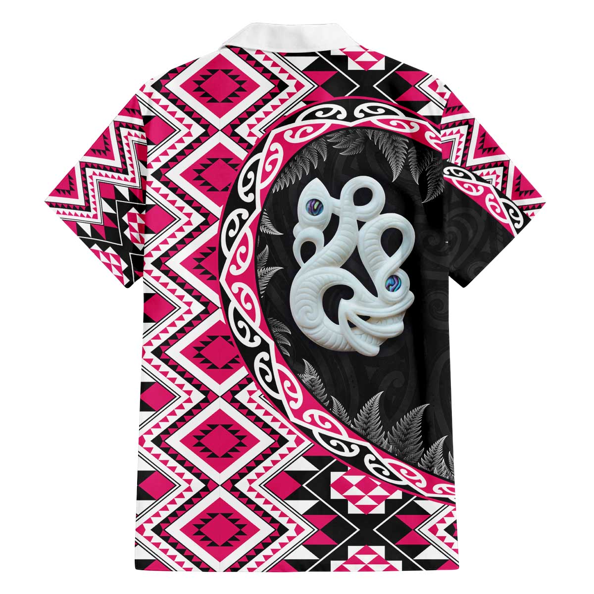 Pink Taniko Motif Aotearoa Manaia and Silver Fern Family Matching Off The Shoulder Long Sleeve Dress and Hawaiian Shirt LT03 - Polynesian Pride