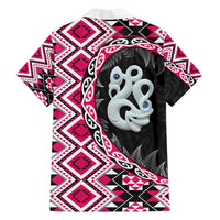 Pink Taniko Motif Aotearoa Manaia and Silver Fern Family Matching Off The Shoulder Long Sleeve Dress and Hawaiian Shirt LT03 - Polynesian Pride