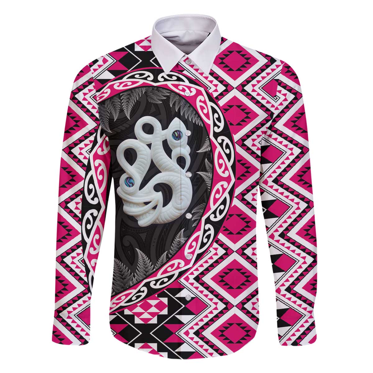 Pink Taniko Motif Aotearoa Manaia and Silver Fern Family Matching Off The Shoulder Long Sleeve Dress and Hawaiian Shirt LT03 Dad's Shirt - Long Sleeve Pink - Polynesian Pride