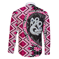 Pink Taniko Motif Aotearoa Manaia and Silver Fern Family Matching Off The Shoulder Long Sleeve Dress and Hawaiian Shirt LT03 - Polynesian Pride