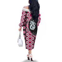 Pink Taniko Motif Aotearoa Manaia and Silver Fern Family Matching Off The Shoulder Long Sleeve Dress and Hawaiian Shirt LT03 - Polynesian Pride