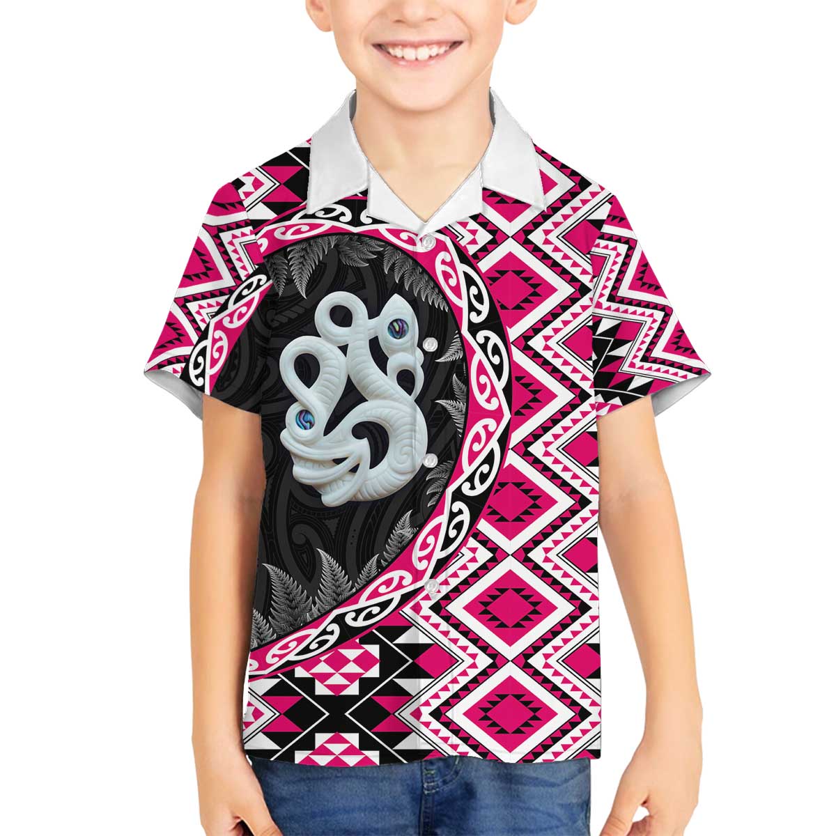 Pink Taniko Motif Aotearoa Manaia and Silver Fern Family Matching Off The Shoulder Long Sleeve Dress and Hawaiian Shirt LT03 Son's Shirt Pink - Polynesian Pride