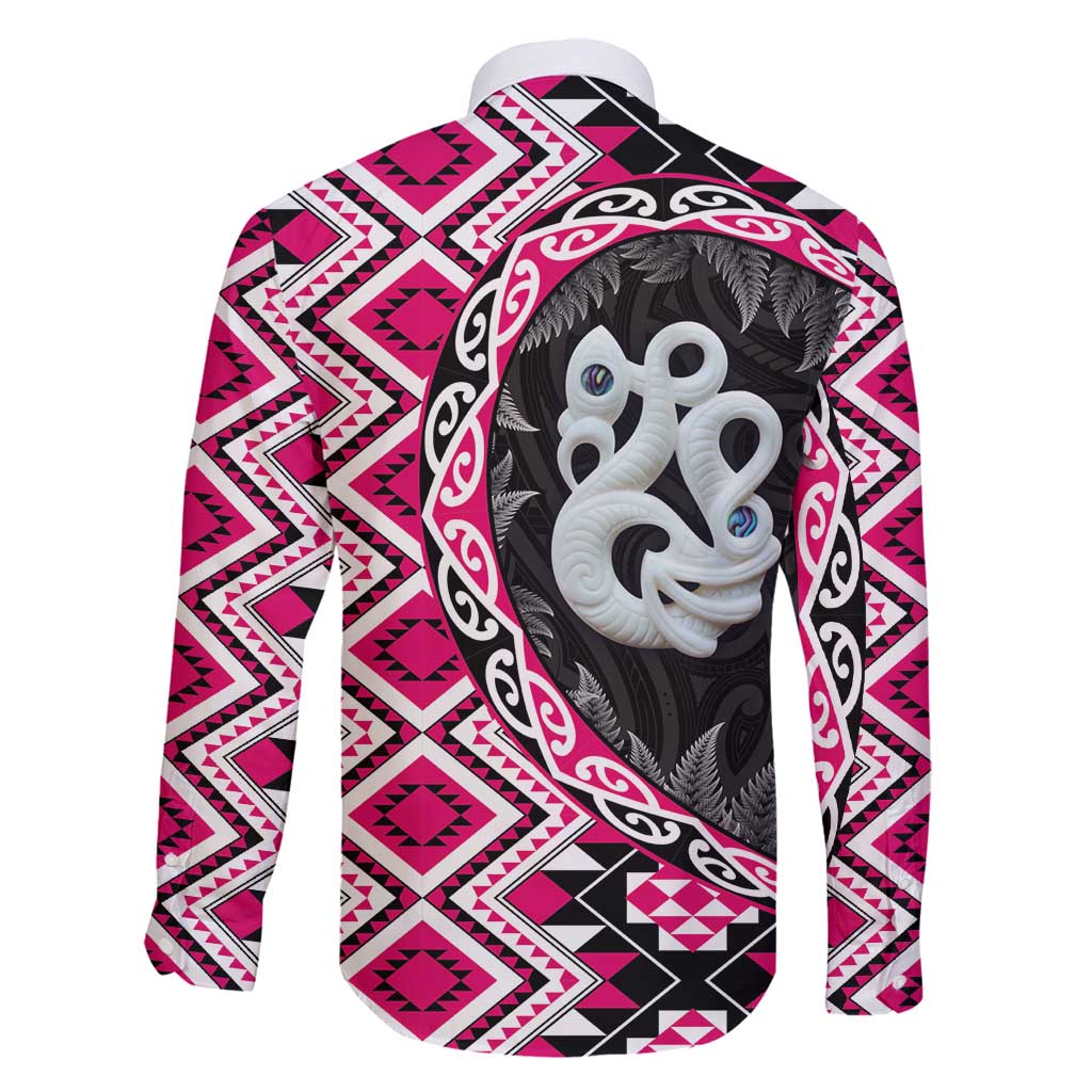 Pink Taniko Motif Aotearoa Manaia and Silver Fern Family Matching Off Shoulder Maxi Dress and Hawaiian Shirt LT03 - Polynesian Pride