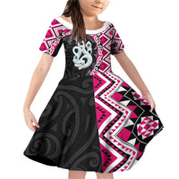 Pink Taniko Motif Aotearoa Manaia and Silver Fern Family Matching Off Shoulder Short Dress and Hawaiian Shirt LT03 Daughter's Dress Pink - Polynesian Pride