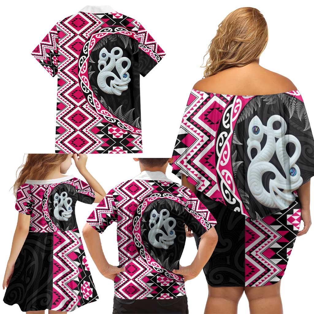 Pink Taniko Motif Aotearoa Manaia and Silver Fern Family Matching Off Shoulder Short Dress and Hawaiian Shirt LT03 - Polynesian Pride