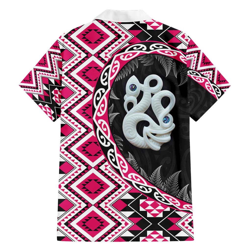 Pink Taniko Motif Aotearoa Manaia and Silver Fern Family Matching Off Shoulder Short Dress and Hawaiian Shirt LT03 - Polynesian Pride