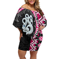 Pink Taniko Motif Aotearoa Manaia and Silver Fern Family Matching Off Shoulder Short Dress and Hawaiian Shirt LT03 Mom's Dress Pink - Polynesian Pride