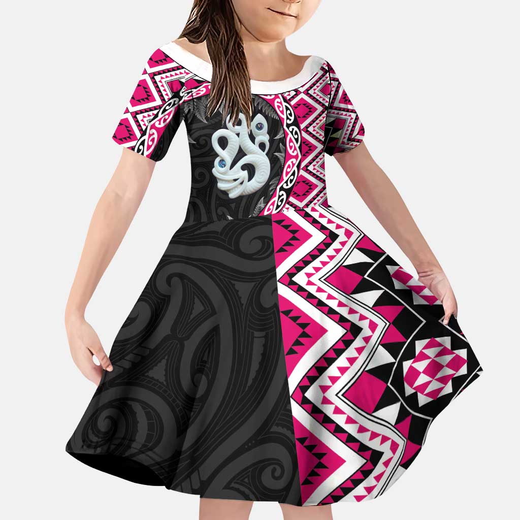 Pink Taniko Motif Aotearoa Manaia and Silver Fern Family Matching Puletasi and Hawaiian Shirt LT03 Daughter's Dress Pink - Polynesian Pride