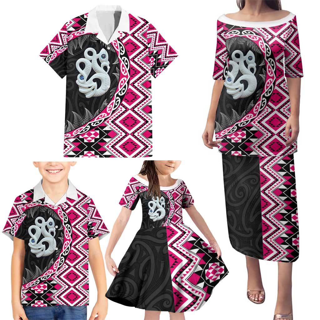 Pink Taniko Motif Aotearoa Manaia and Silver Fern Family Matching Puletasi and Hawaiian Shirt LT03 - Polynesian Pride