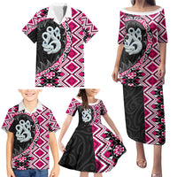 Pink Taniko Motif Aotearoa Manaia and Silver Fern Family Matching Puletasi and Hawaiian Shirt LT03 - Polynesian Pride