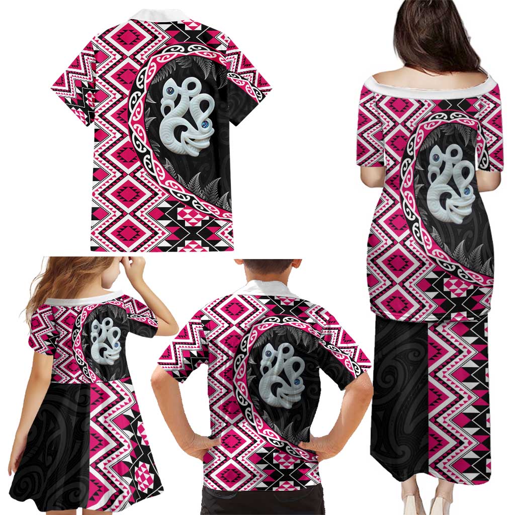 Pink Taniko Motif Aotearoa Manaia and Silver Fern Family Matching Puletasi and Hawaiian Shirt LT03 - Polynesian Pride