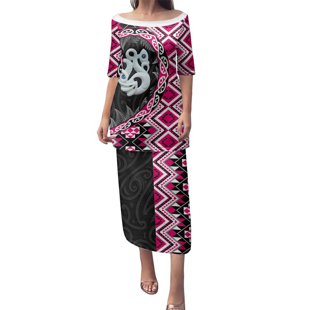 Pink Taniko Motif Aotearoa Manaia and Silver Fern Family Matching Puletasi and Hawaiian Shirt LT03 Mom's Dress Pink - Polynesian Pride