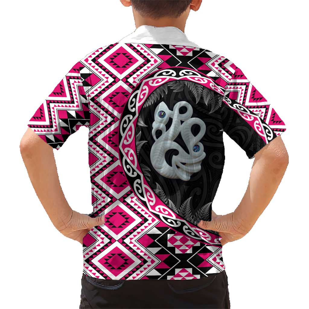 Pink Taniko Motif Aotearoa Manaia and Silver Fern Family Matching Short Sleeve Bodycon Dress and Hawaiian Shirt LT03 - Polynesian Pride