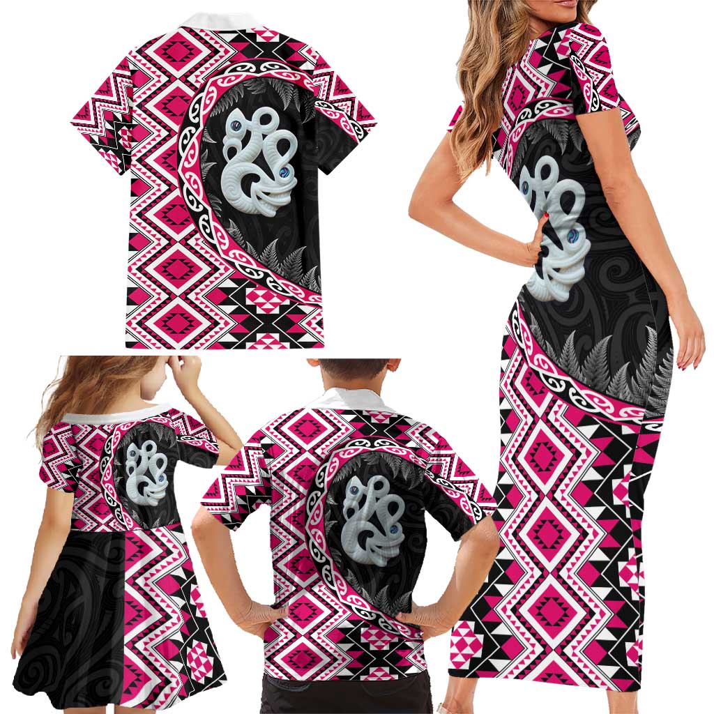 Pink Taniko Motif Aotearoa Manaia and Silver Fern Family Matching Short Sleeve Bodycon Dress and Hawaiian Shirt LT03 - Polynesian Pride