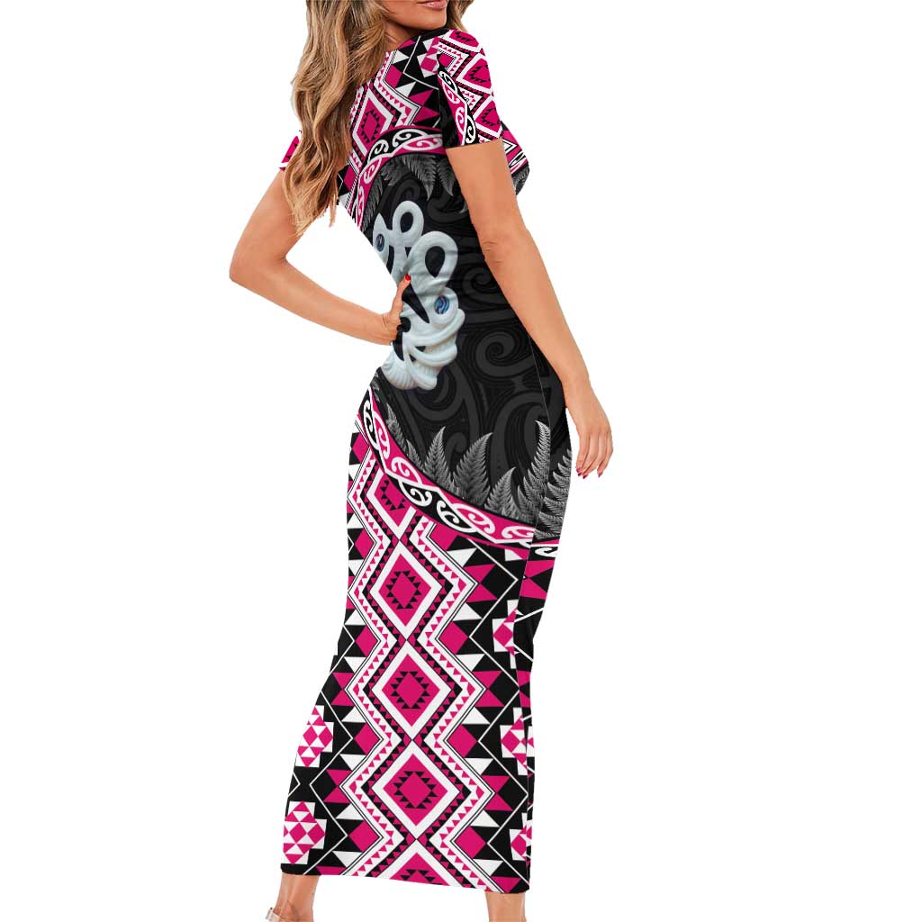 Pink Taniko Motif Aotearoa Manaia and Silver Fern Family Matching Short Sleeve Bodycon Dress and Hawaiian Shirt LT03 - Polynesian Pride