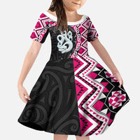 Pink Taniko Motif Aotearoa Manaia and Silver Fern Family Matching Summer Maxi Dress and Hawaiian Shirt LT03 Daughter's Dress Pink - Polynesian Pride