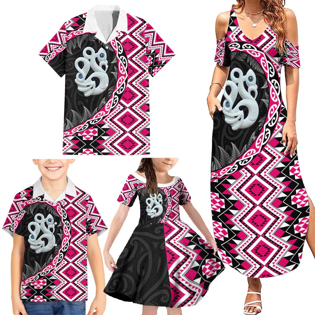 Pink Taniko Motif Aotearoa Manaia and Silver Fern Family Matching Summer Maxi Dress and Hawaiian Shirt LT03 - Polynesian Pride