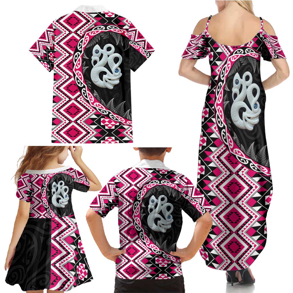 Pink Taniko Motif Aotearoa Manaia and Silver Fern Family Matching Summer Maxi Dress and Hawaiian Shirt LT03 - Polynesian Pride