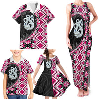 Pink Taniko Motif Aotearoa Manaia and Silver Fern Family Matching Tank Maxi Dress and Hawaiian Shirt LT03 - Polynesian Pride
