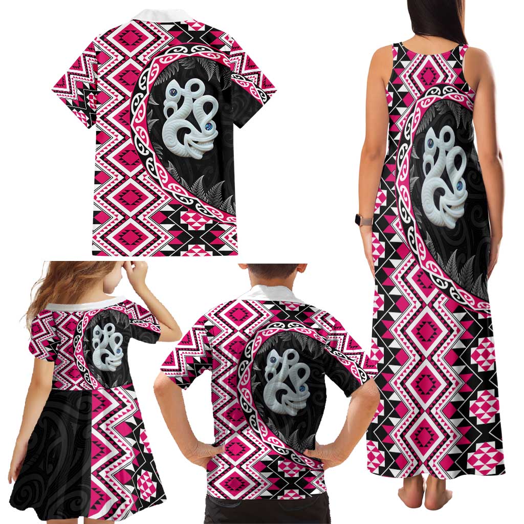Pink Taniko Motif Aotearoa Manaia and Silver Fern Family Matching Tank Maxi Dress and Hawaiian Shirt LT03 - Polynesian Pride