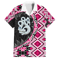 Pink Taniko Motif Aotearoa Manaia and Silver Fern Family Matching Tank Maxi Dress and Hawaiian Shirt LT03 Dad's Shirt - Short Sleeve Pink - Polynesian Pride