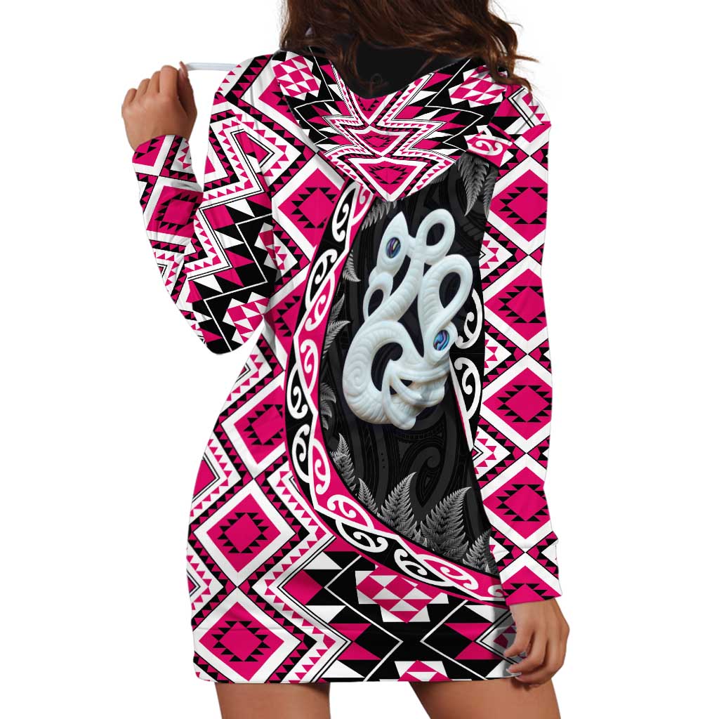 Pink Taniko Motif Aotearoa Manaia and Silver Fern Hoodie Dress