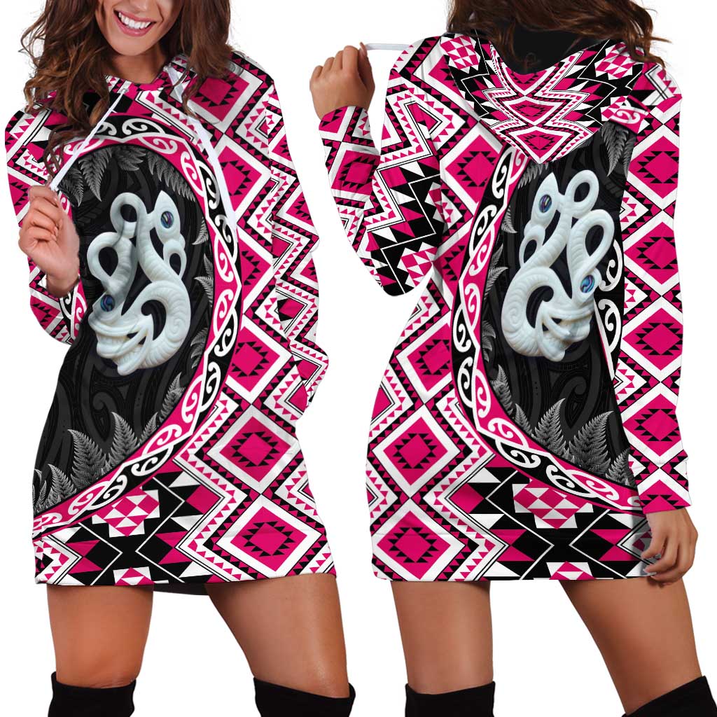 Pink Taniko Motif Aotearoa Manaia and Silver Fern Hoodie Dress
