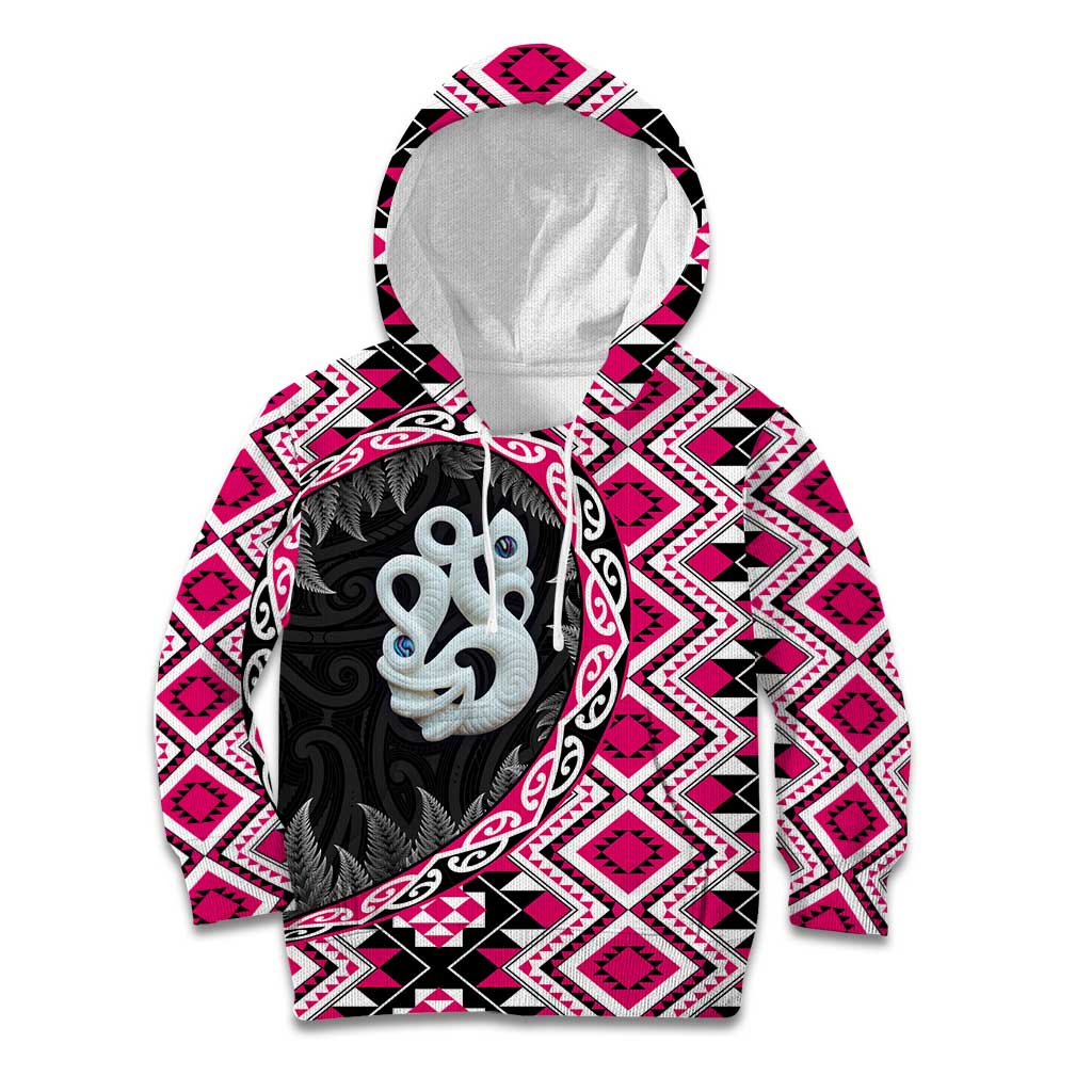 Pink Taniko Motif Aotearoa Manaia and Silver Fern Kid Hoodie LT03 Hoodie Pink - Polynesian Pride