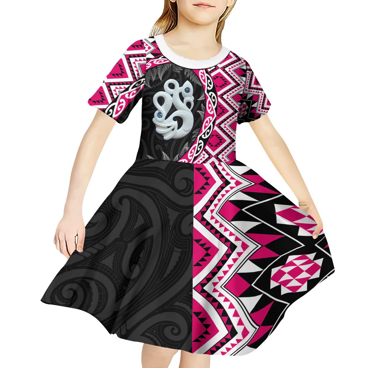 Pink Taniko Motif Aotearoa Manaia and Silver Fern Kid Short Sleeve Dress