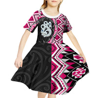 Pink Taniko Motif Aotearoa Manaia and Silver Fern Kid Short Sleeve Dress