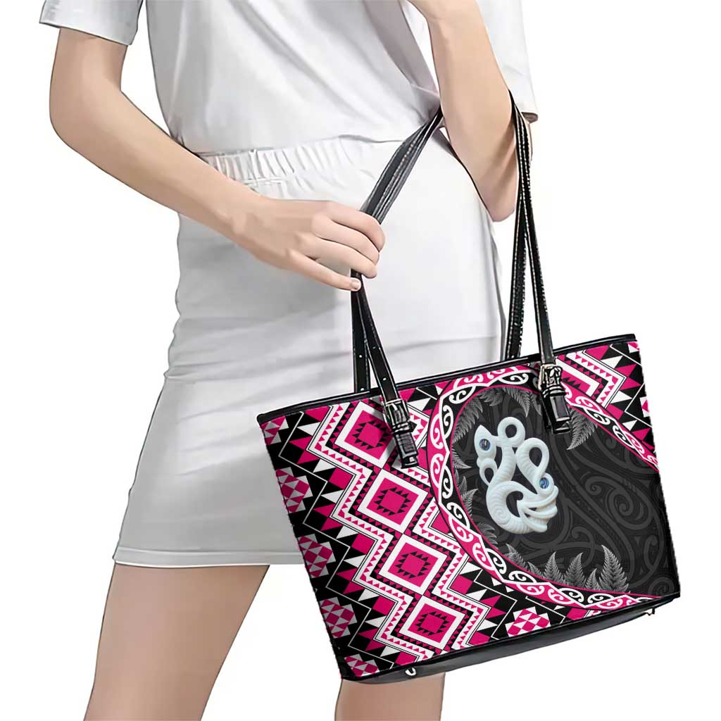 Pink Taniko Motif Aotearoa Manaia and Silver Fern Leather Tote Bag