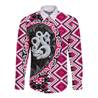 Pink Taniko Motif Aotearoa Manaia and Silver Fern Long Sleeve Button Shirt