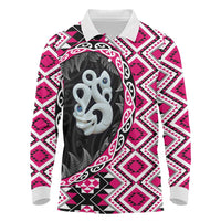 Pink Taniko Motif Aotearoa Manaia and Silver Fern Long Sleeve Polo Shirt